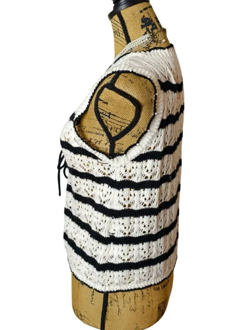 Womens L Sleeveless Sweater Cardigan Y2K Striped Black White Tie Preppy Coastal